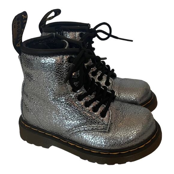 DR. MARTENS Crinkle Metallic Silver Sparkle Combat Boots 1460T Little Girls 7 - Picture 4 of 11